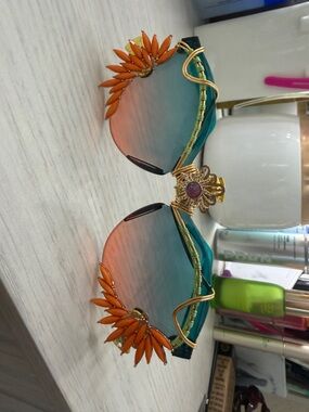 Women's Gradient Teal and Coral Sunglasses with Gold Filigree Accent